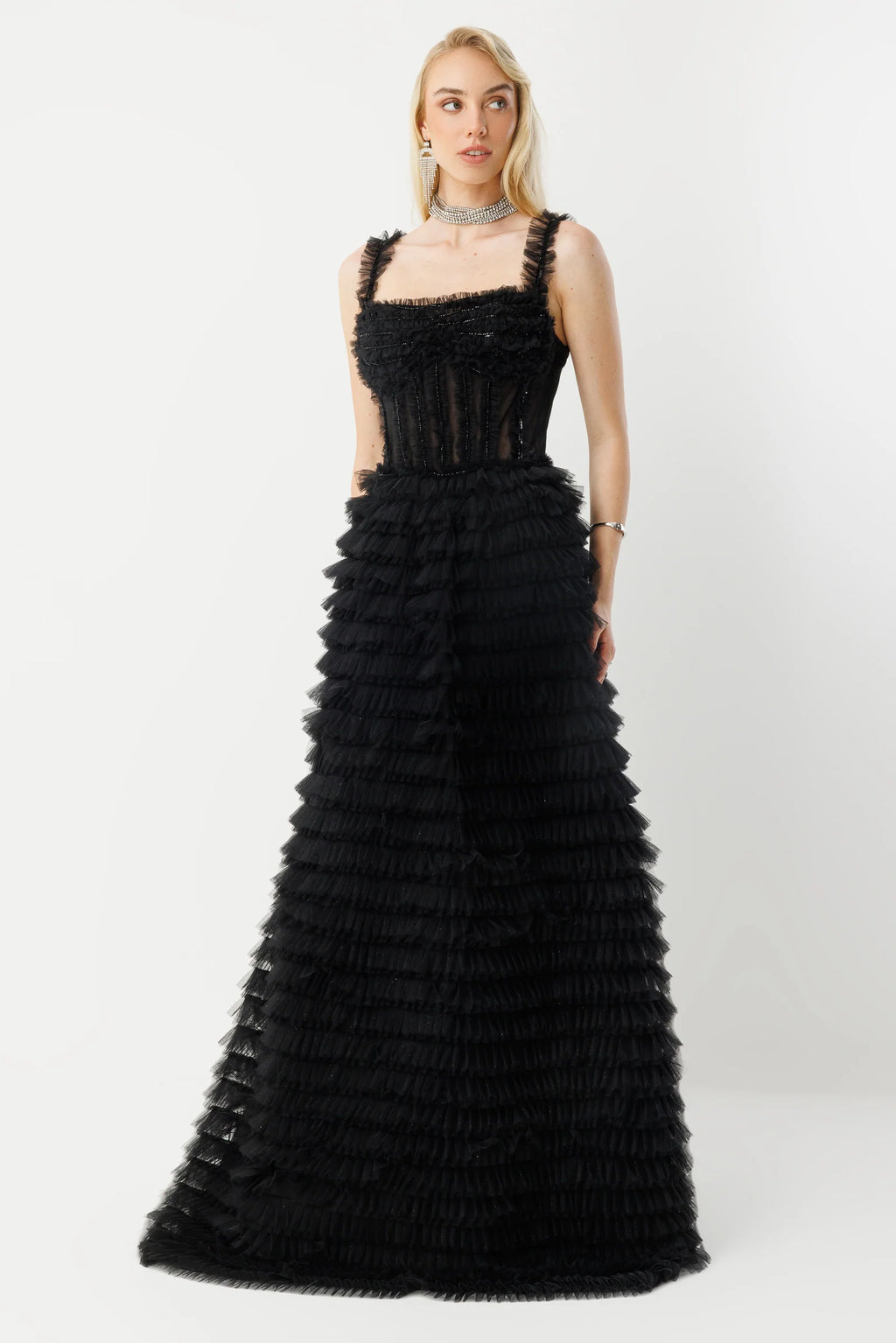 Elegant Tiered Ruffle Couture Long Evening Gown - 8003