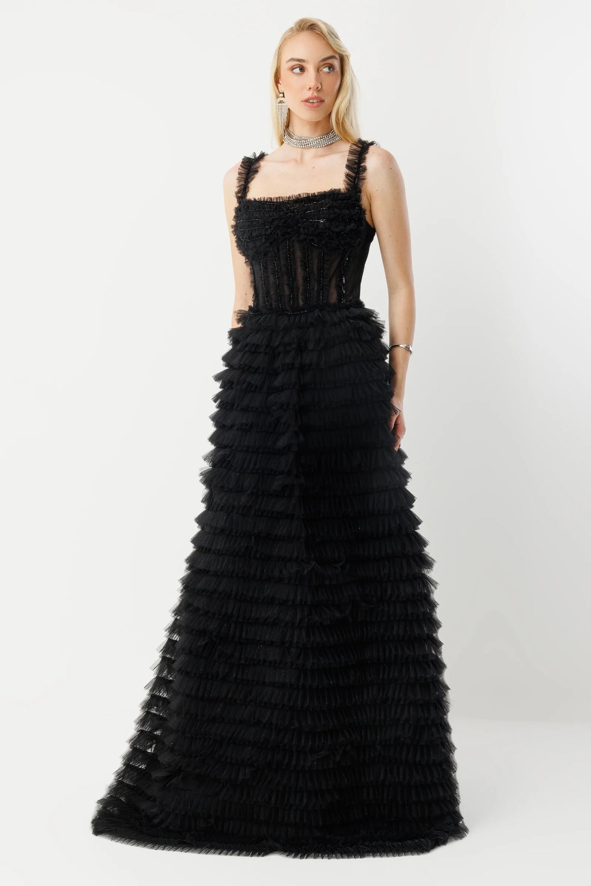 Elegant Tiered Ruffle Couture Long Evening Gown - 8003