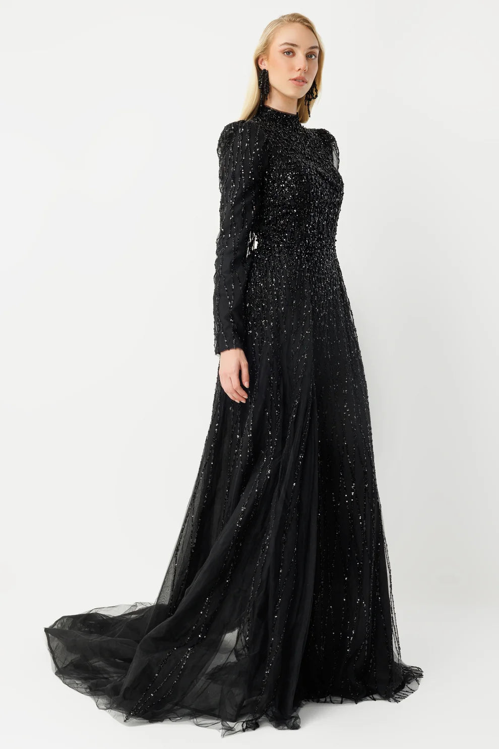 Sparkly Black Evening Gown - 8002
