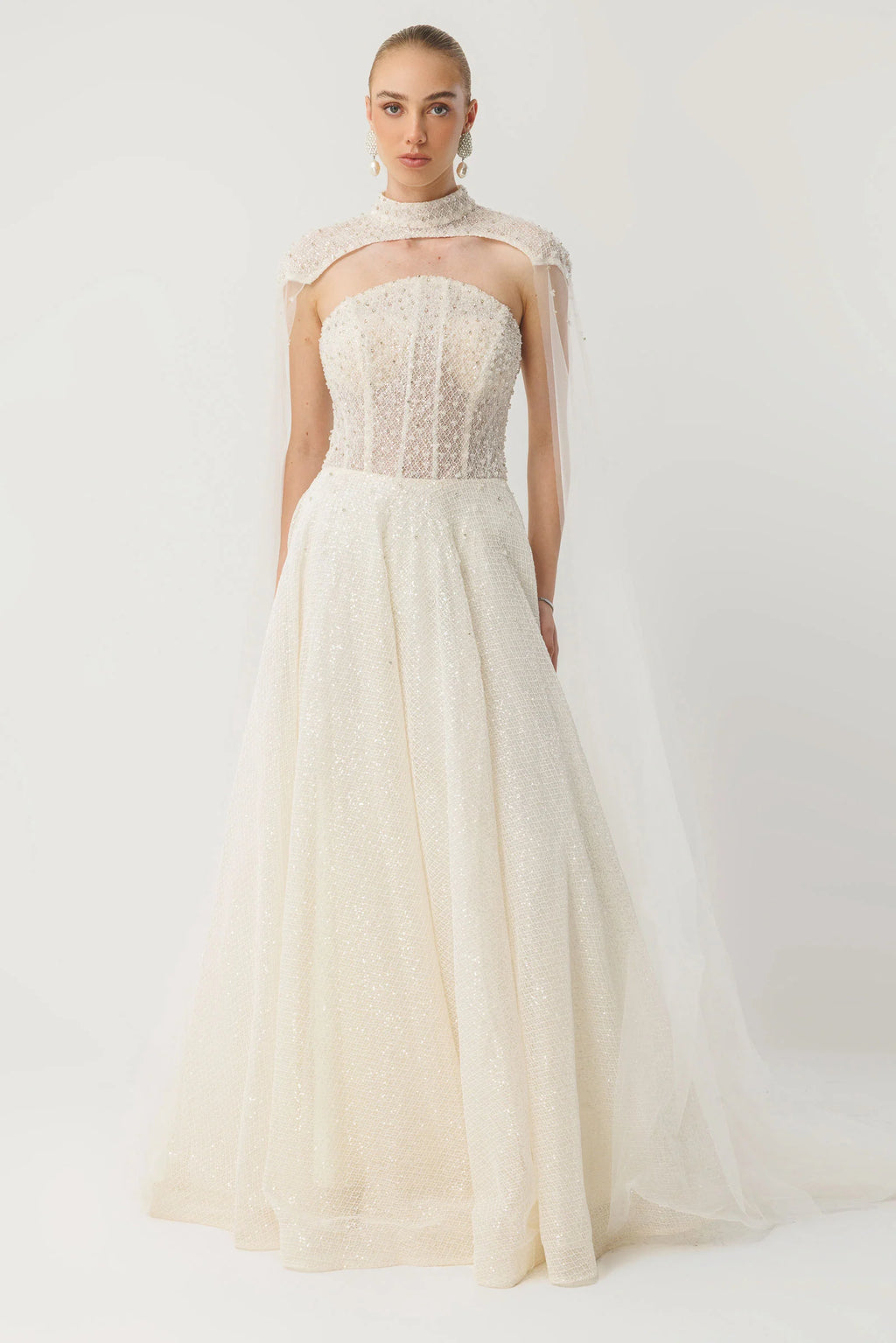 Ecru Sparkle Couture Evening Dress - 8012