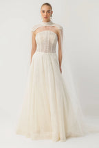 Ecru Sparkle Couture Evening Dress - 8012