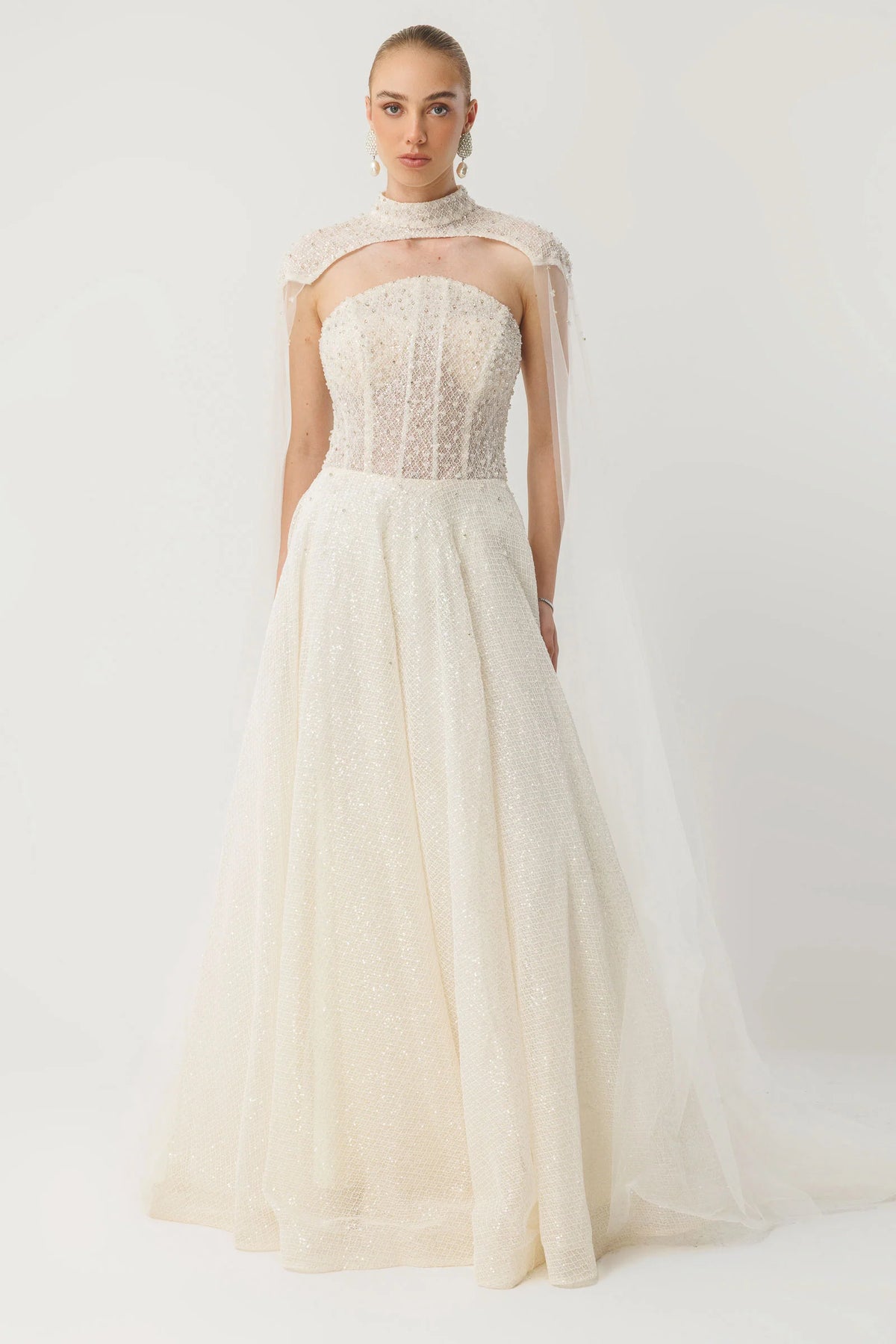 Ecru Sparkle Couture Evening Dress - 8012