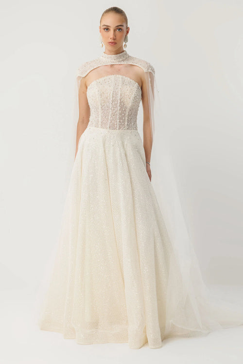 Ecru Sparkle Couture Evening Dress - 8012