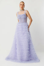 Elegant Long Evening Dress with Tiered Ruffles - 8006
